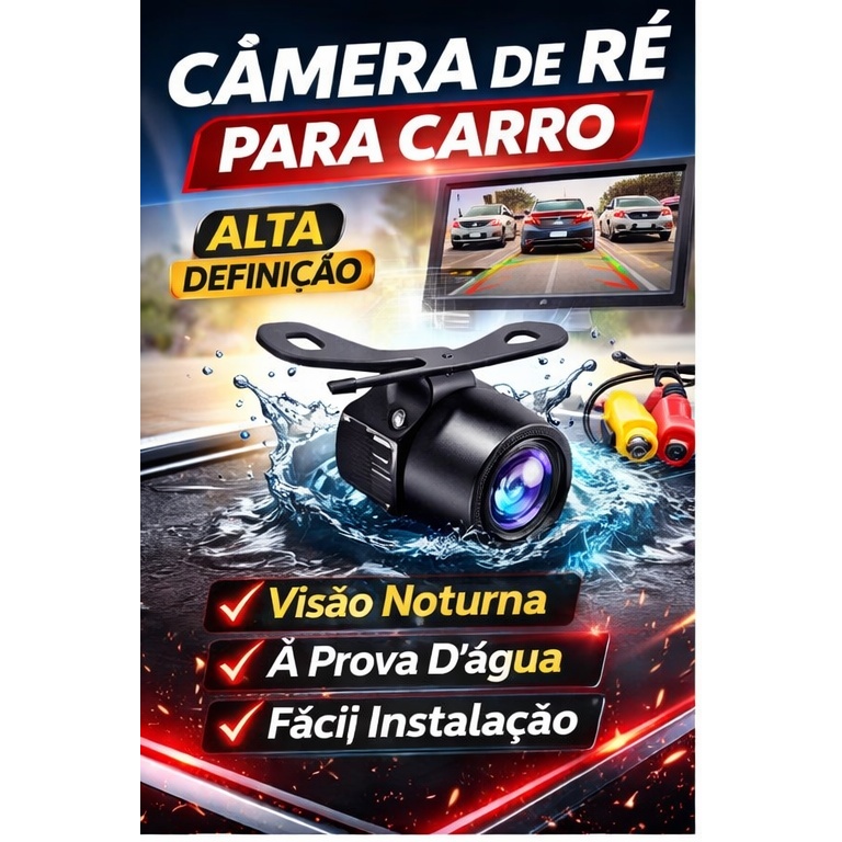 Câmera de Ré Automotiva HD 720p | Visão Noturna | À Prova D’Água | Fácil Instalação 12V | Universal para Carros, SUVs e