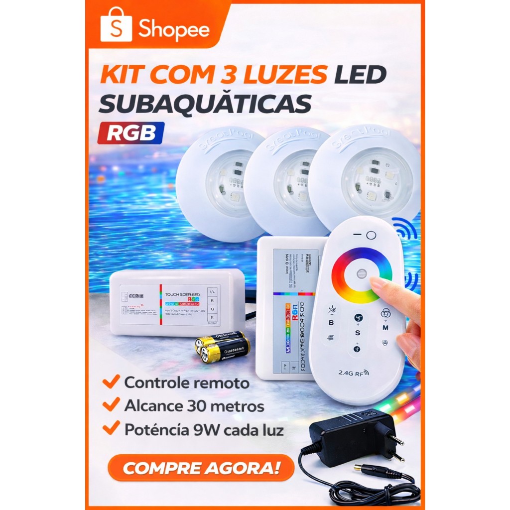 Kit 3 Led Para Piscina 9w Rgb 95mm + Módulo E Fonte em Oferta na Shopee