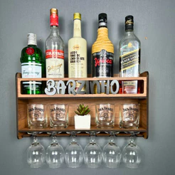 Bar de Parede de MDF com Porta Taça - Barzinho para Bebidas - Preto e Amadeirado Decoração Sala
