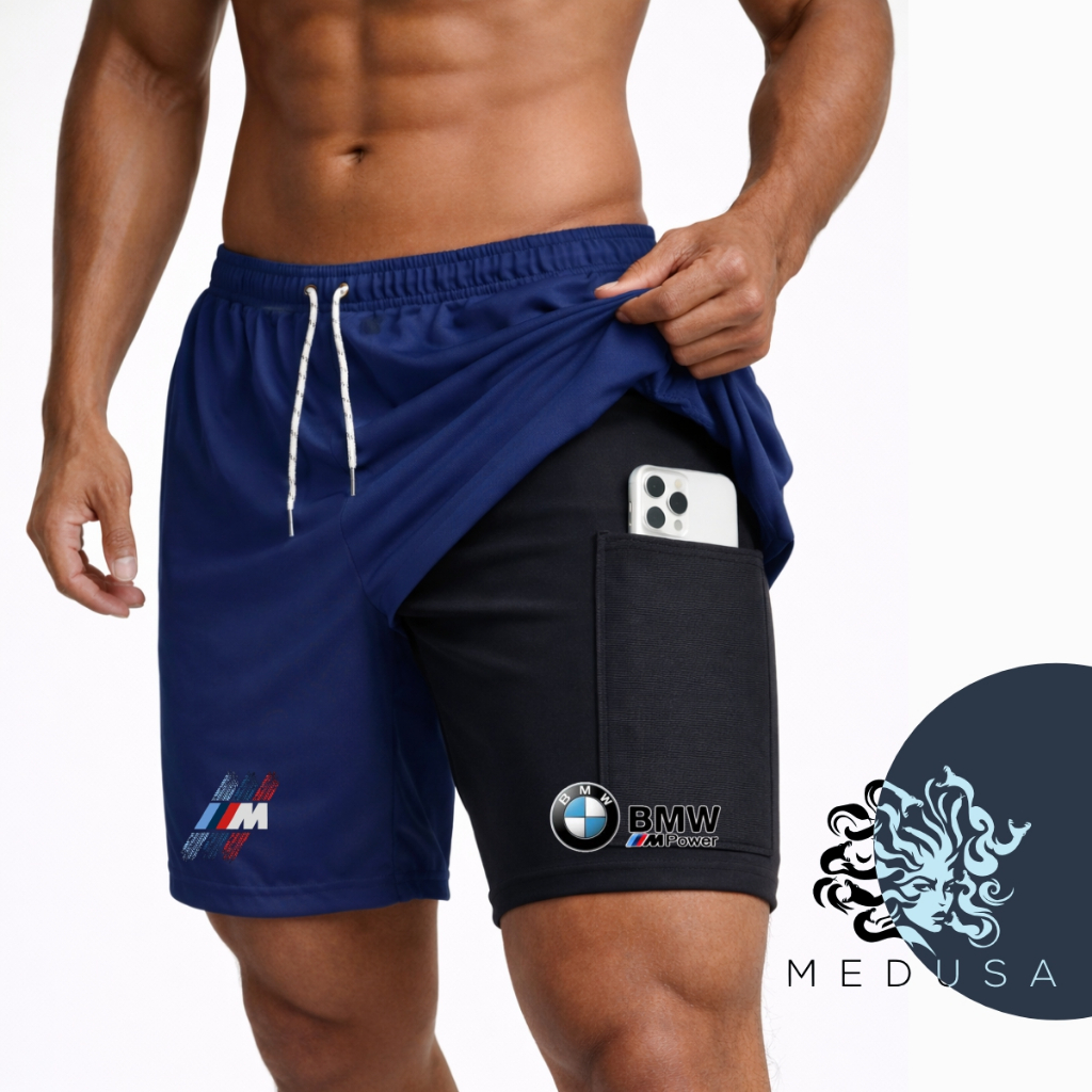 Bermuda Compressão 2em1 BMW 04 Masculina DryFit + Elastano Ideal Academia Corrida Bike Crossfit