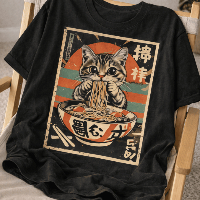 Camiseta Gato Neko Ramen Camisa Masculino Retrô Feminino Blusa Street Camisa 100% Algodão