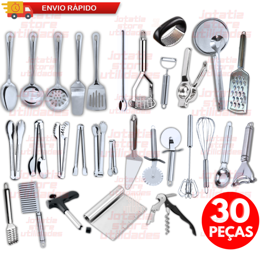 Kit 30 ou 07 Utensílios De Cozinha Em Aço Inox Colher, Concha, Escumadeira, Pegador, Amassador De Batatas