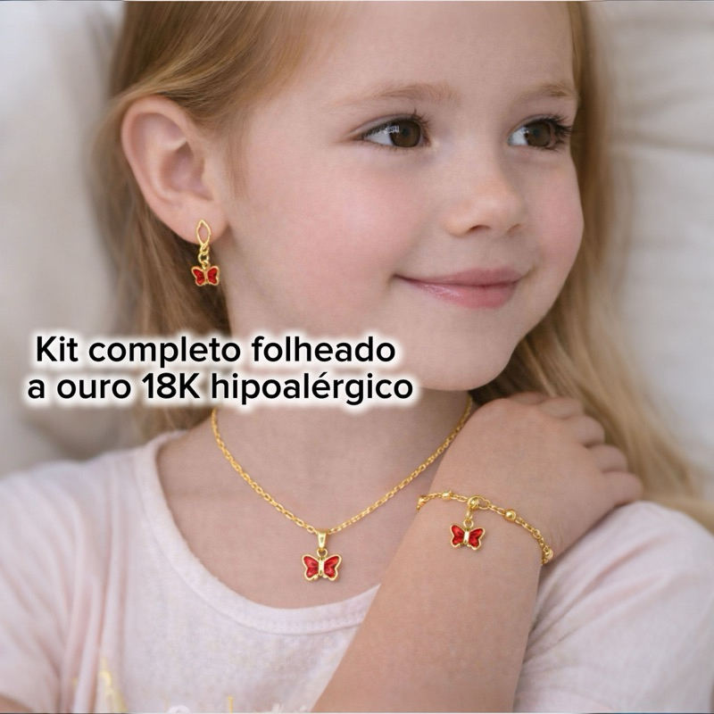 Kit Completo Infantil Borboleta Folheado a Ouro 18K – Colar, Brinco e Pulseira em Oferta na Shopee