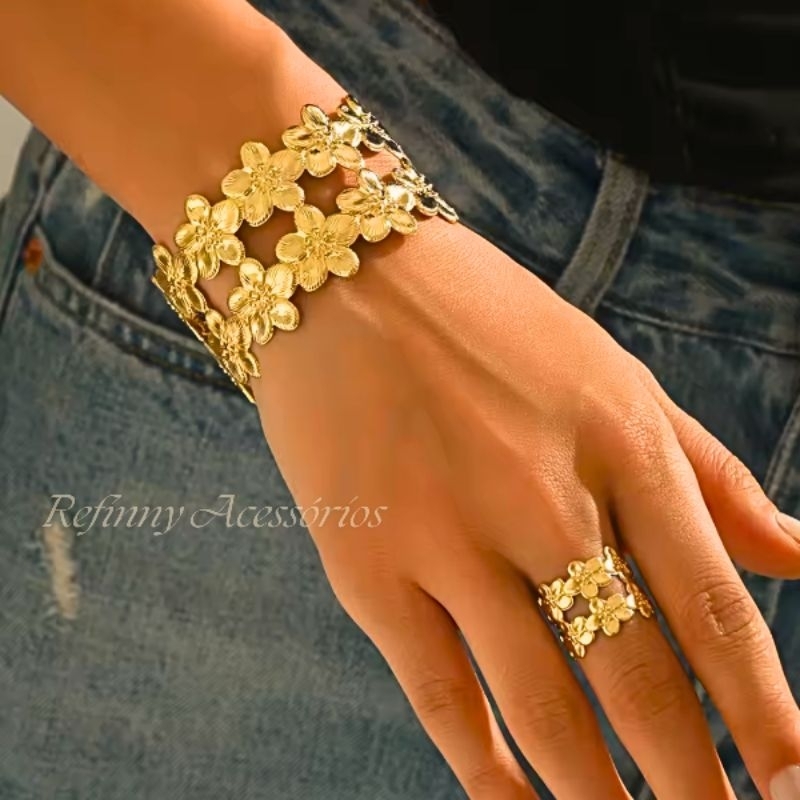 Conjunto Lançamento Super Luxo Flores Colar Brincos Pulseira Bracelete e Anel Prata e Dourado 18k em Oferta na Shopee