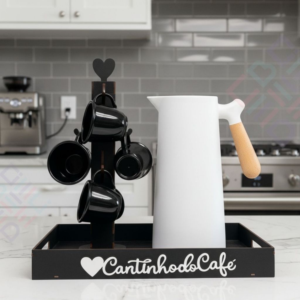 Kit Cantinho Do Café MDF - Bandejas + Suporte 6 Xícaras + 6 Xícaras Para Escritório, Salas E Cozinha