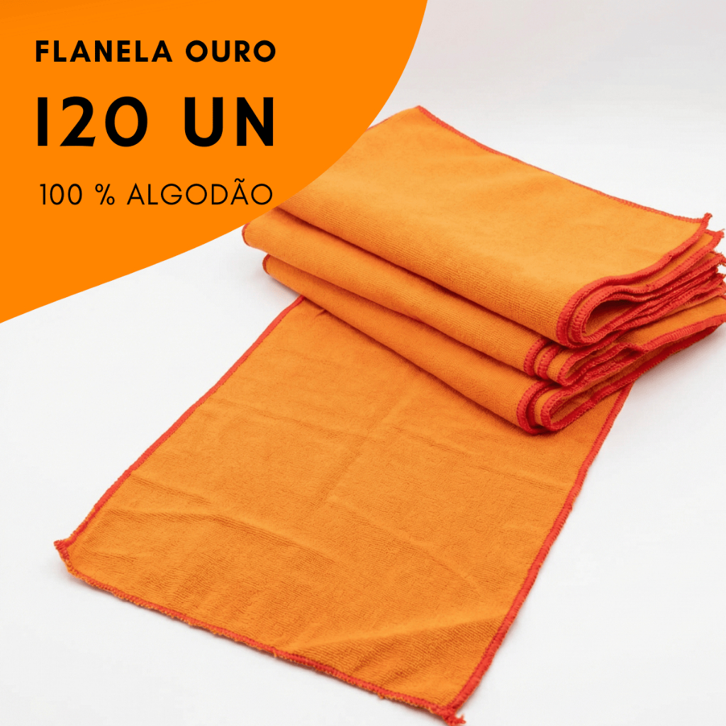 Kit 120 Flanelas Laranja 38x28 Algodão | Pano Flanela Limpeza/Higienização | Overloque Atacado