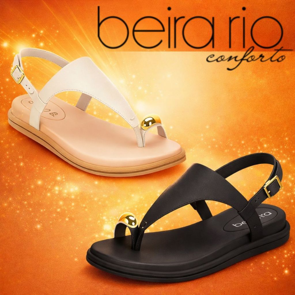 Sandália Beira Rio Feminina Rasteira de Dedo com Detalhe Dourado Confortável Casual Leve Dia a Dia