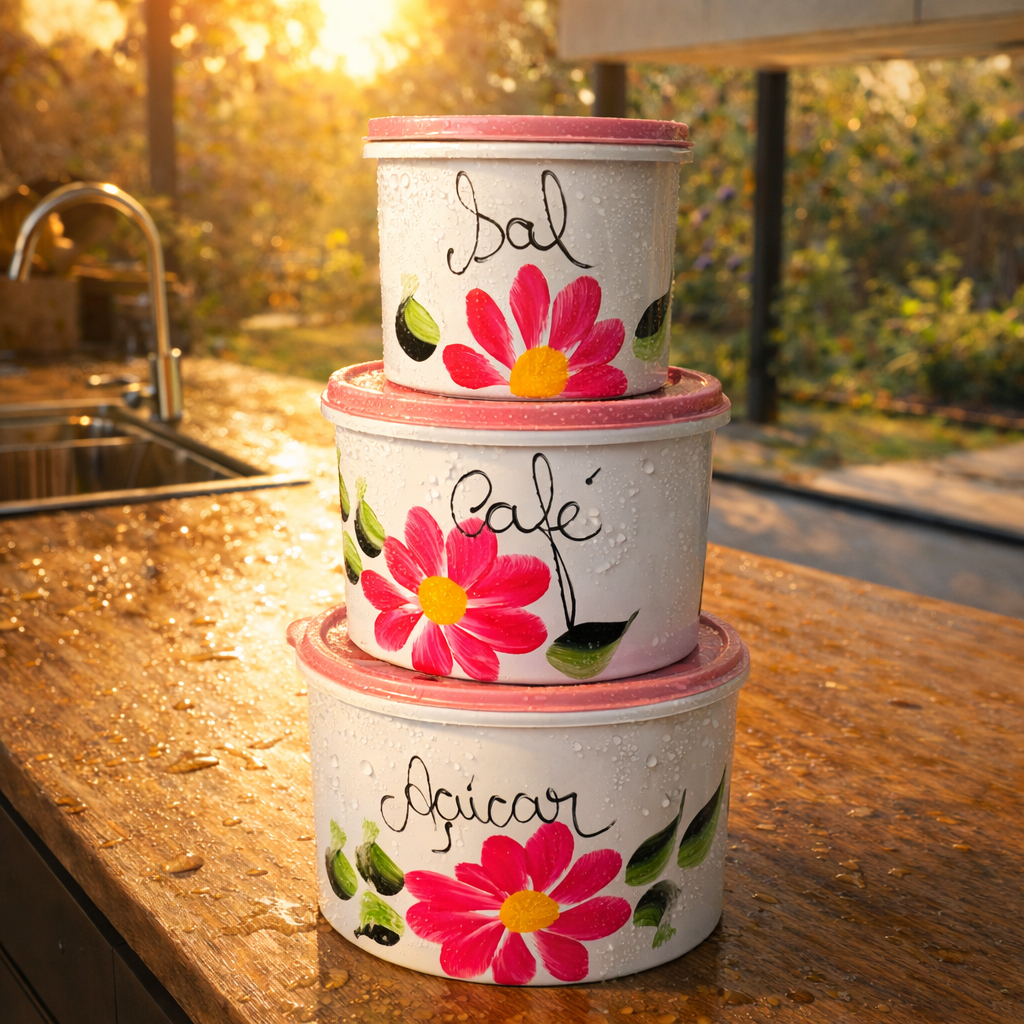 Kit 3 Potes Mantimentos Decorados Floral – Açúcar Café Sal | de Cozinha |Plástico Decorativo kit 5 em Oferta na Shopee
