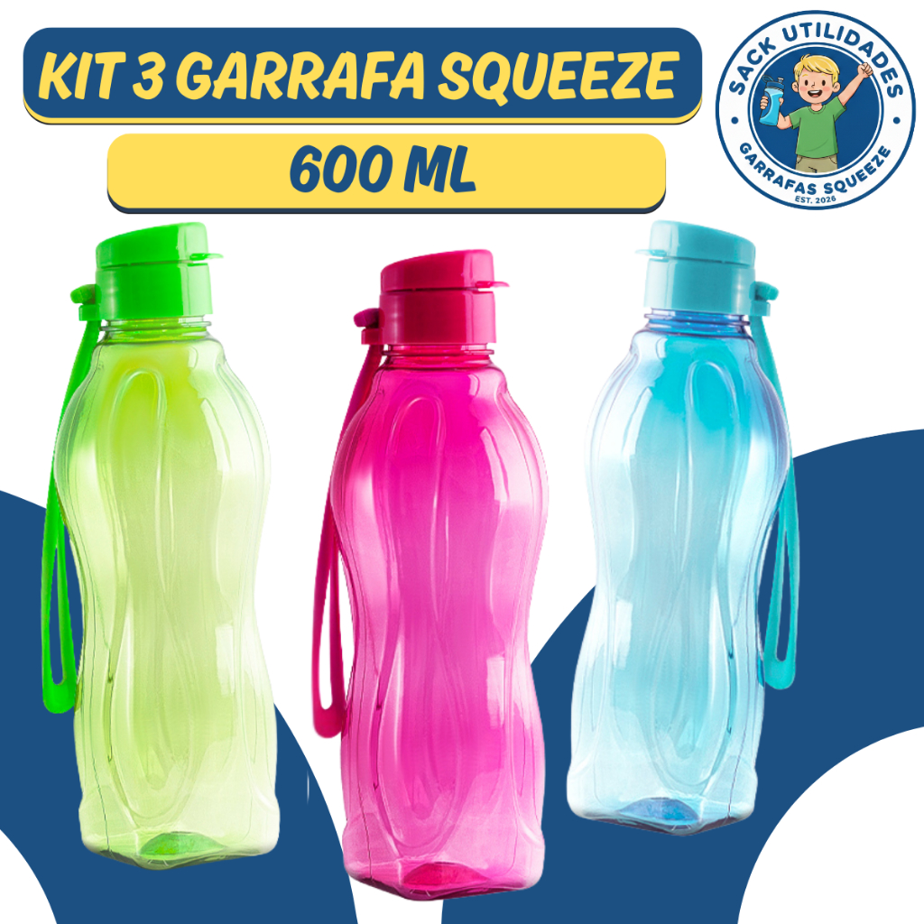 Kit com 3 Garrafas Squeeze 600 ML - Brinde Ideal em Oferta na Shopee