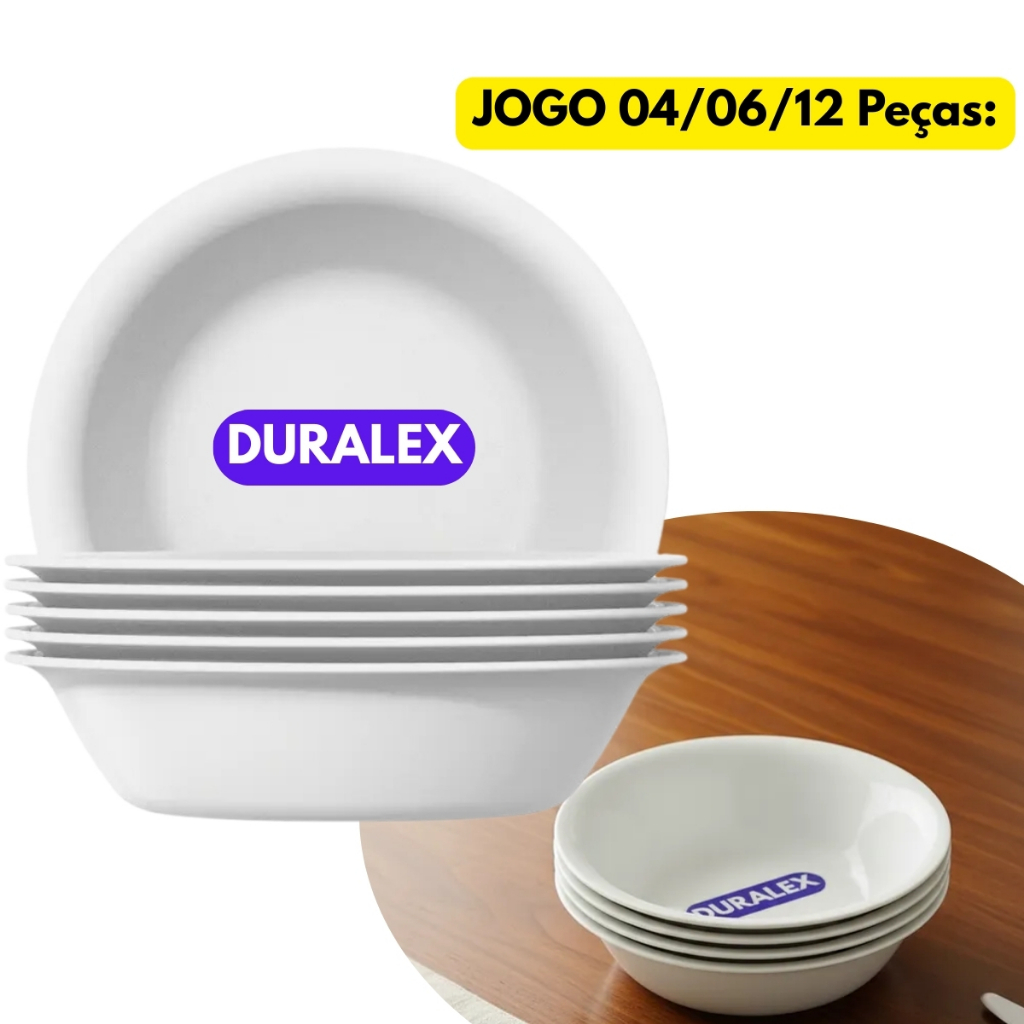 Jogo 04/06/12 Prato Bowl Cumbuca Vidro Duralex Vita 18,3cm Branco Caldo Sopa Sobremesa Saladeira Kit