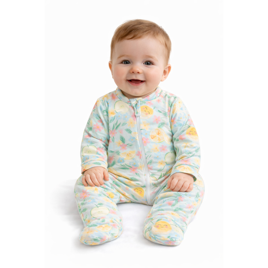 Macacão Bebê Algodão Zíper Frontal Estampa Frutas Floral Pé Fechado| Macacão suedine | Macacão bebe menina| Enxoval bebe
