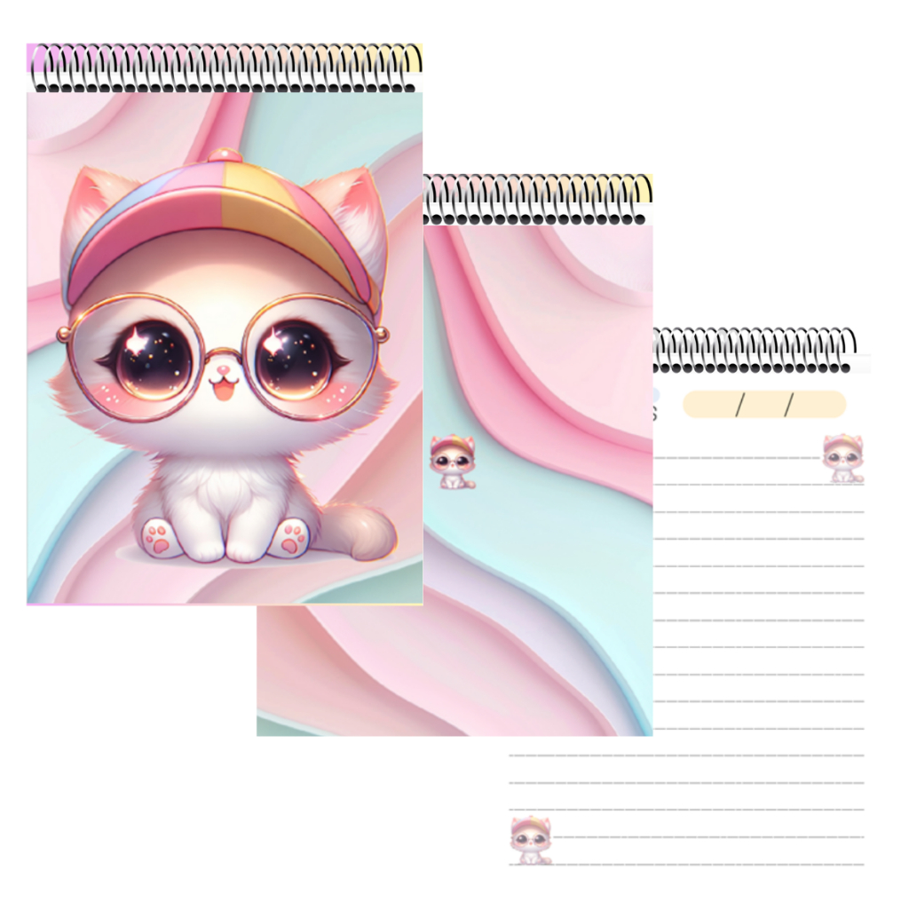 Bloco de Nota A6 Personalizado Gatinha Fofa, Meninas, Escolar, Anotações, capa dura, espiral, 80 fl pautadas, decoradas.