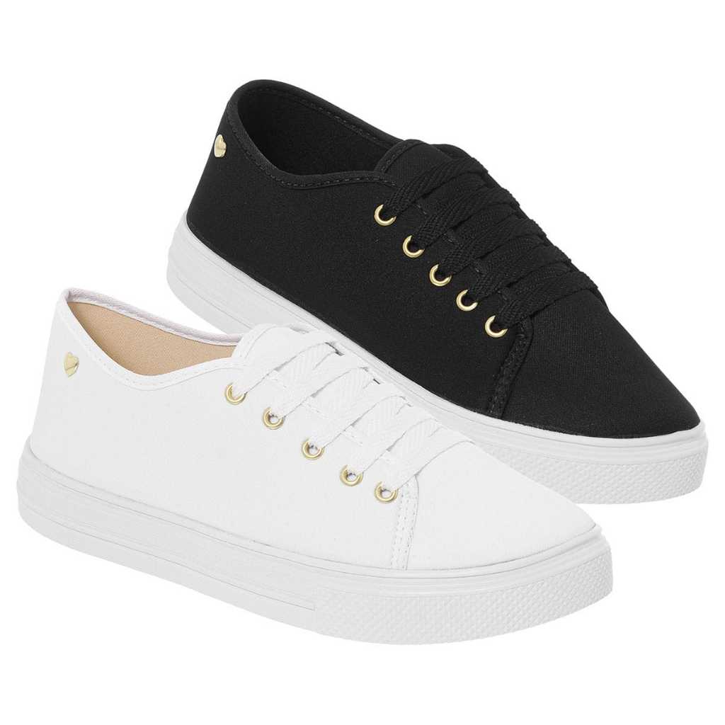 Kit 2 Tênis Feminino Ping Coração Branco preto Casual Confortável Slip On