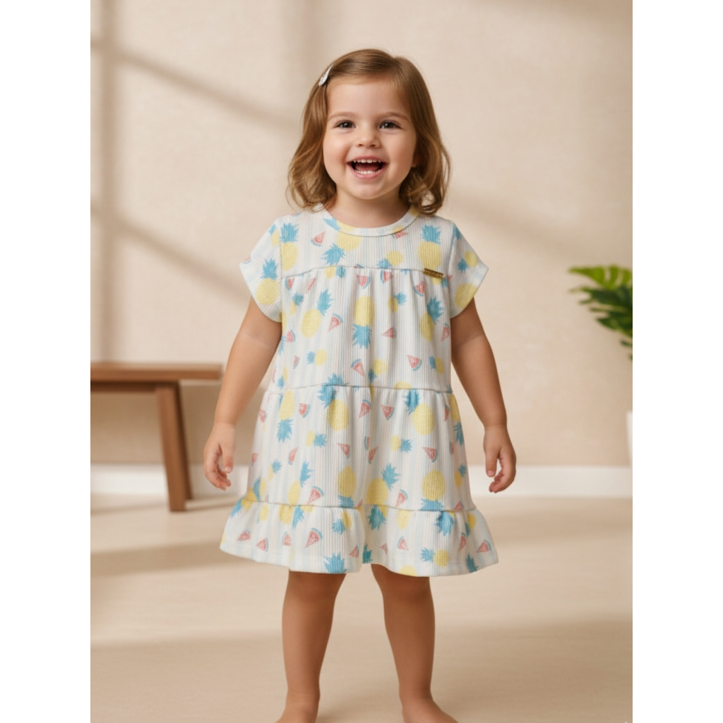 Vestido Infantil Menina Abacaxi Soft Rib Canelado Estampa Digital Verão 1 a 4 anos