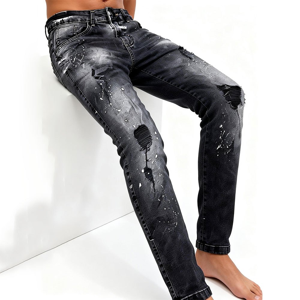 Calça Jeans Rasgada Homens Preto Manchas de tinta Calça Jeans
