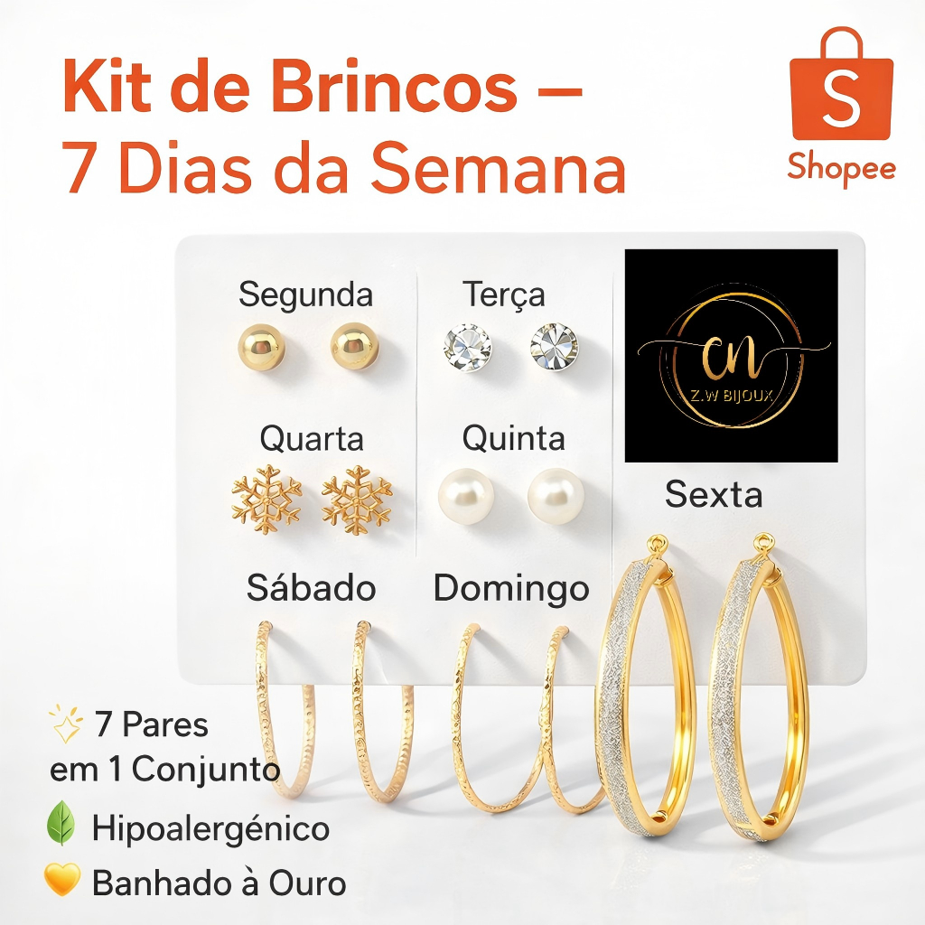 Kit de Brincos Femininos 7 Pares Banhado a Ouro Hipoalergênico Uso Diário