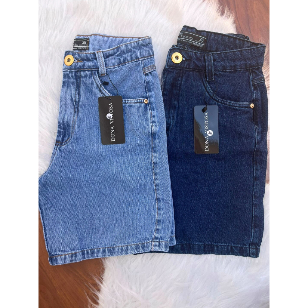 Bermuda Mom Jeans Feminina Cintura Alta Elegante com Bolsos Frontais e Traseiros em Oferta na Shopee