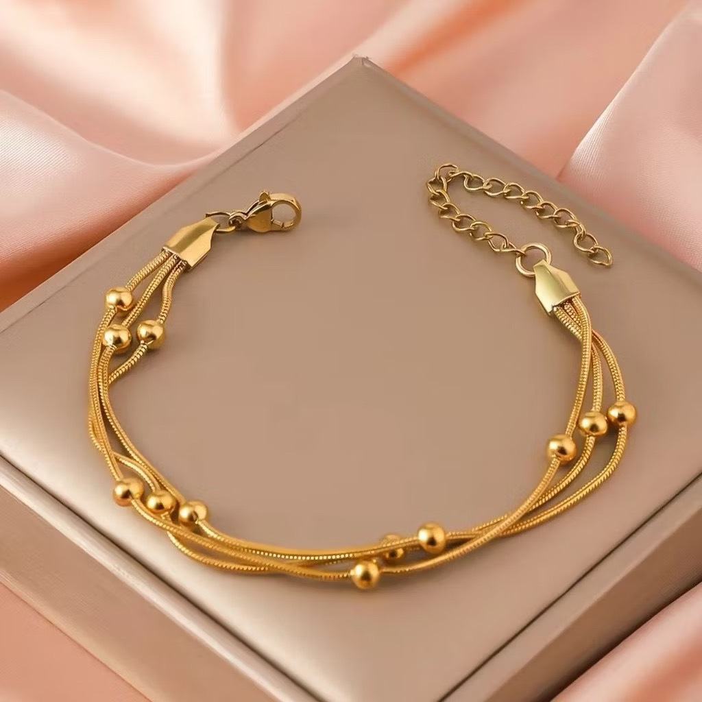 Pulseira de corrente de cobra de três camadas de aço inoxidável, com contas e design empilhado, moda de aço titânio,