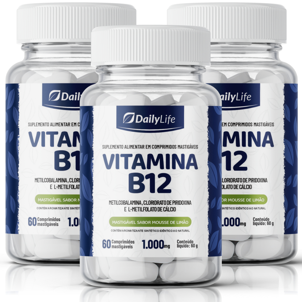 3x Vitamina B12 60 comprimidos Mastigável Energia e Bem-estar Sabor Mousse de Limão Daily Life