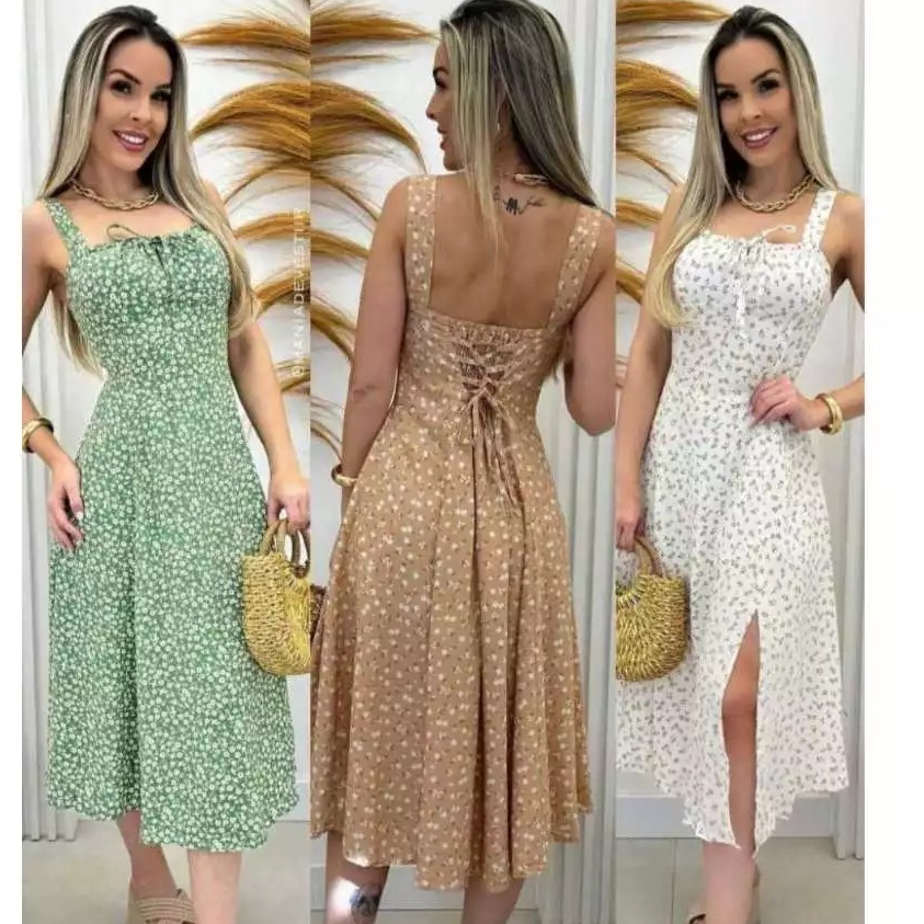 vestido mídi romântico estampado floral com alça e elastex cruzado nas costas em Oferta na Shopee