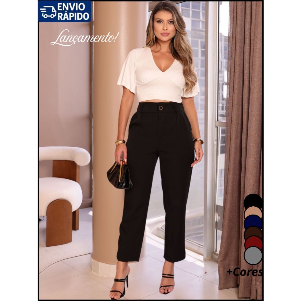 Calça Alfaiataria Feminina Cintura Alta Com Botões Duplo e Elastico Que Não Dobra