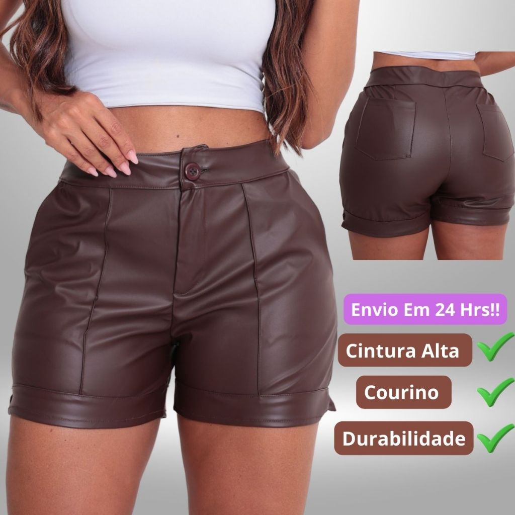 SHORT COURO FEMININO FORRADO CINTURA ALTA COM BOLSO E BOTÃO NÃO TRANSPARENTE em Oferta na Shopee