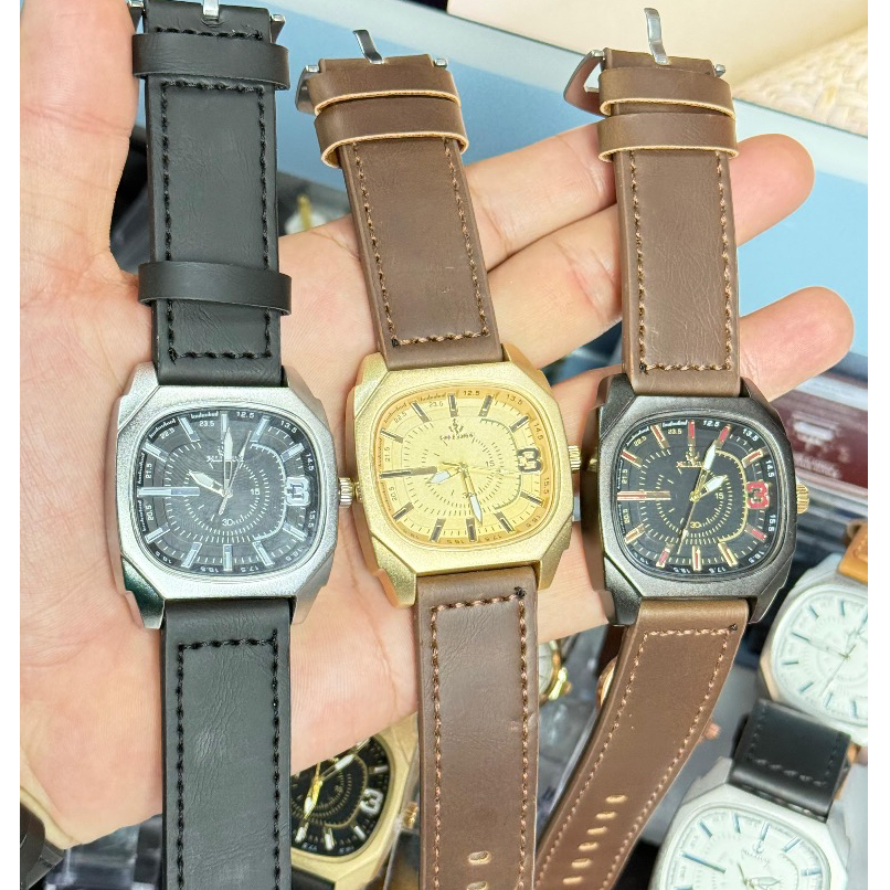 [QR01]Relógio Masculino Moderno Quadrado Pulseira Couro Quartz Elegante Casual Social Luxo