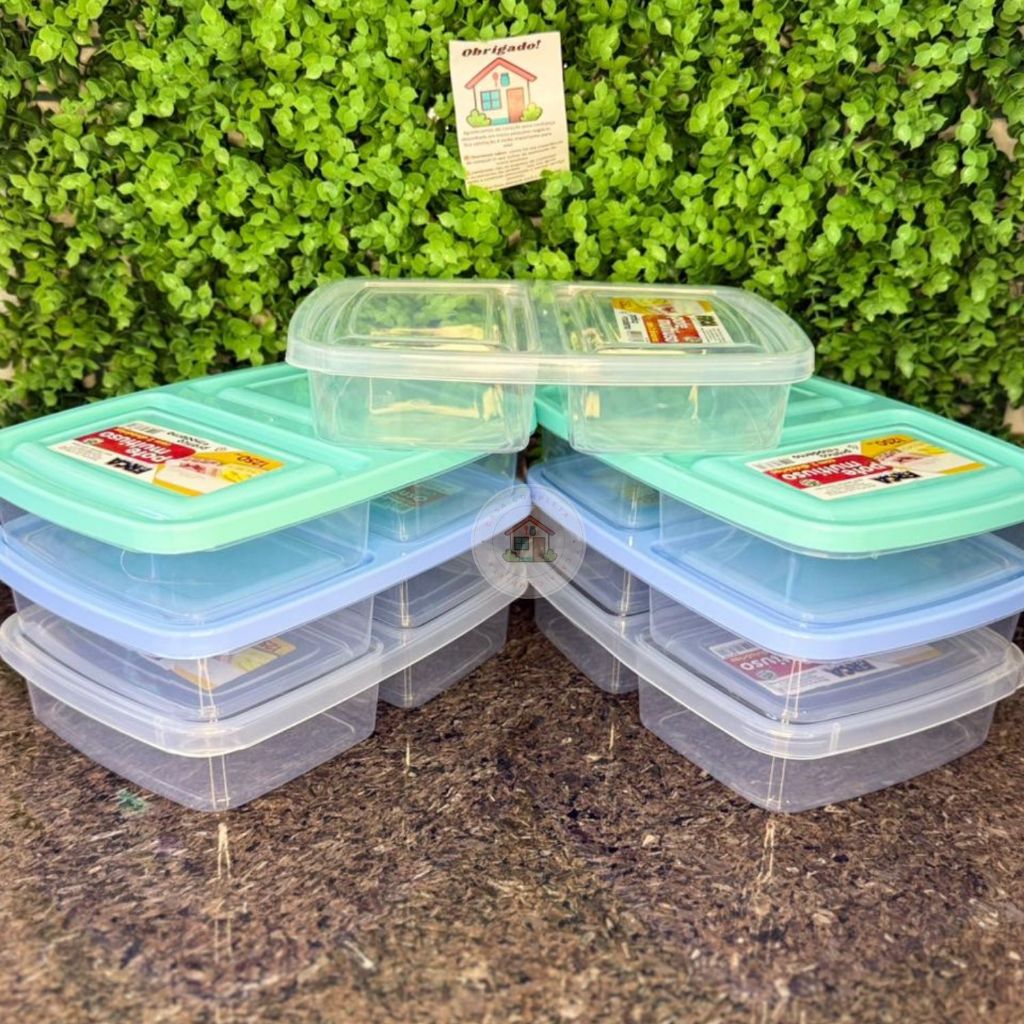 Porta Frios Multiuso Duplo 2 Divisórias 1250ml Organizador de Geladeira Tampa Colorida - BPA FREE em Oferta na Shopee