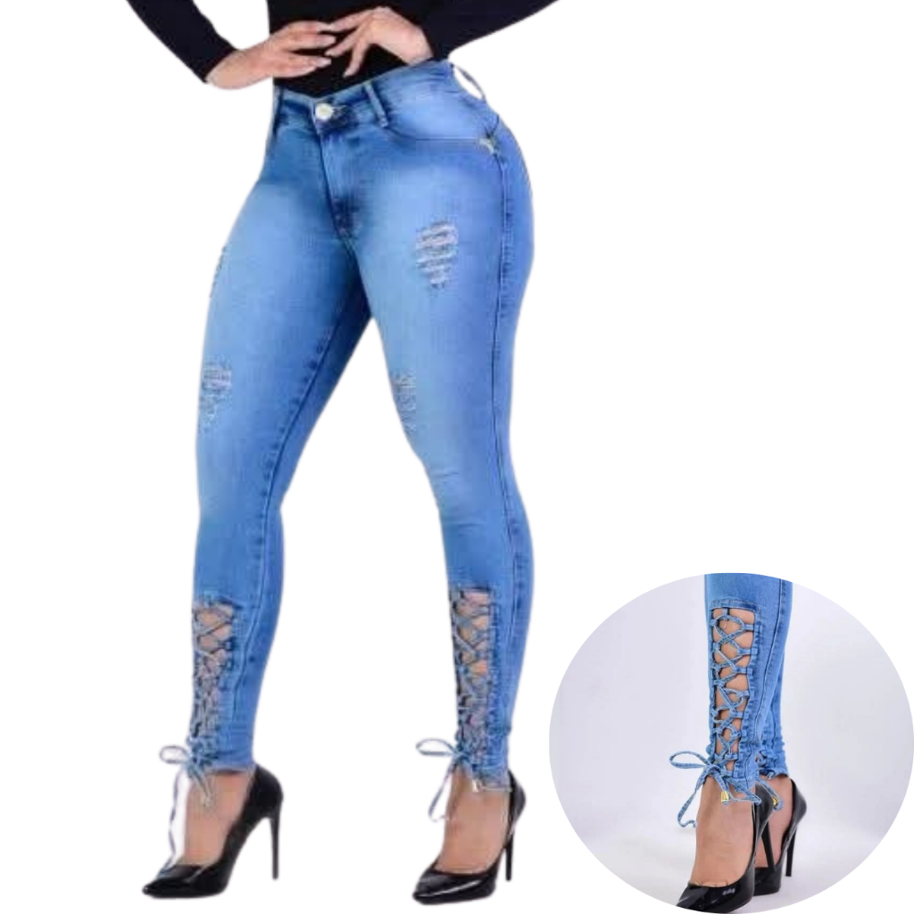 Calça Jeans Feminina Skinny Azul Claro Cintura Alta com Detalhe Trançado na Barra 38 ao 50 Pronta Entrega em Oferta na Shopee