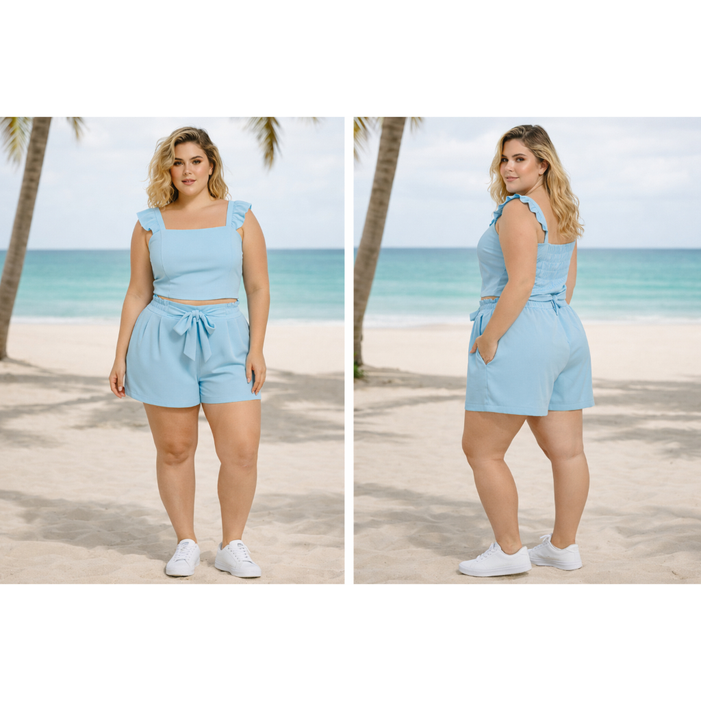 “Conjunto Feminino Plus Size Cropped e Short com Amarração – Moda Verão Elegante e Confortável” em Oferta na Shopee