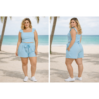“Conjunto Feminino Plus Size Cropped e Short com Amarração – Moda Verão Elegante e Confortável” em Oferta na Shopee