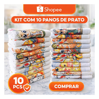Kit com 10 Panos de Prato Estampados, sortidos. em Oferta na Shopee