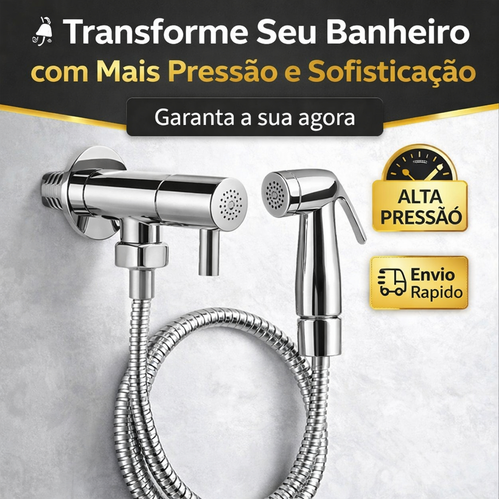 Ducha Higiênica Cromada 1/4 de Volta Alta Pressão Kit Completo com Mangueira e Suporte