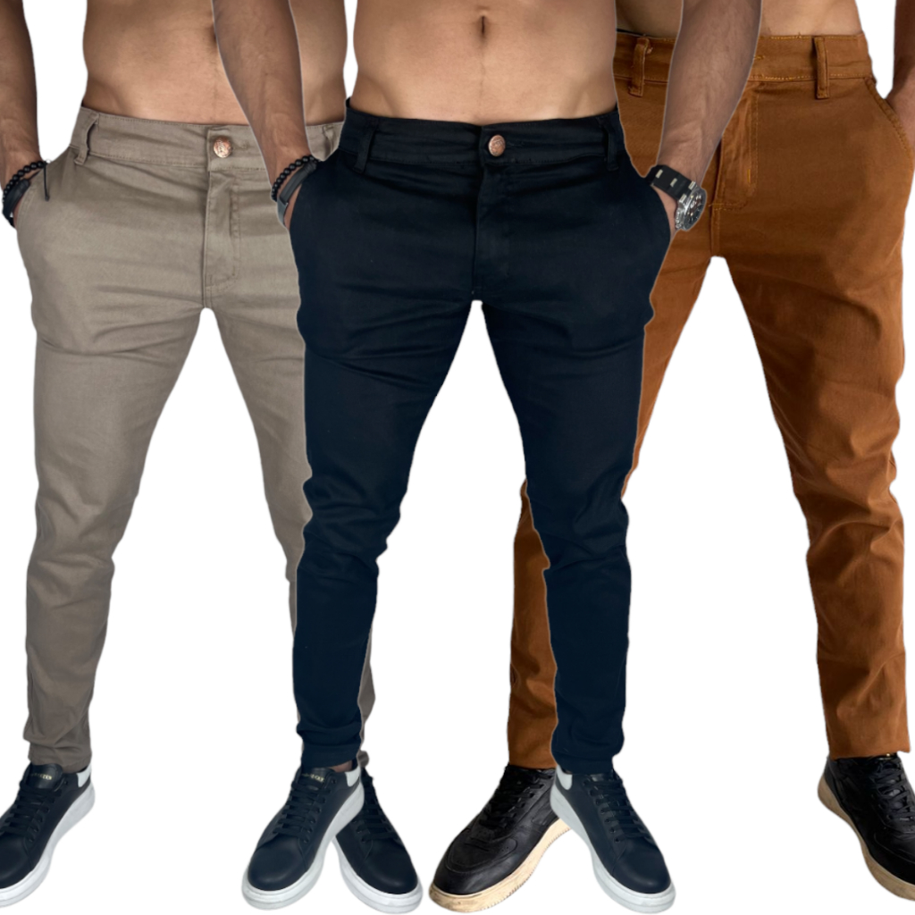 KIT 3 CALÇAS SARJA MASCULINAS ESPORTE FINO LYCRA PREMIUM