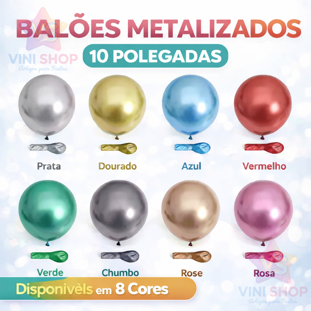 Balão Cromado 10” em Látex – 25 ou 50 Unidades para Decoração de Festa - Bexiga