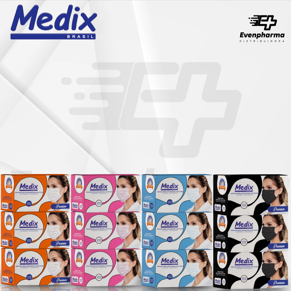Máscara de proteção facial tripla Branca Rosa Azul Preta Medix