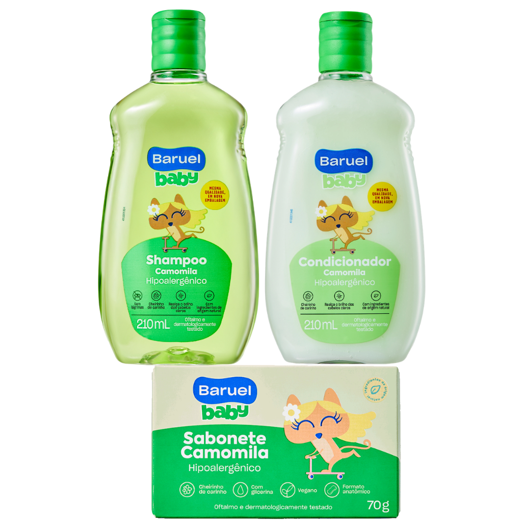 Kit Shampoo + Condicionador Camomila 210ml cada + Sabonete Barra 70g Baruel Baby