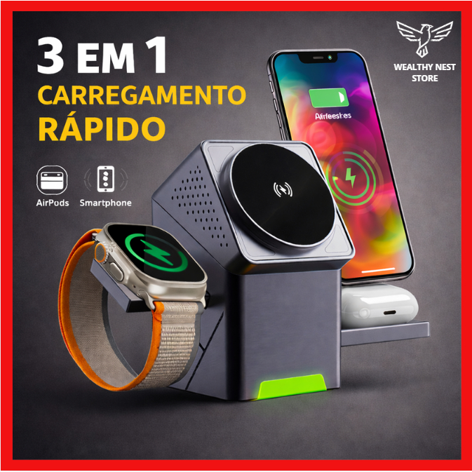 Carregador Magnético 3 em 1 Premium Wireless 15W com Rotação 360° – Peining PEI-WS27