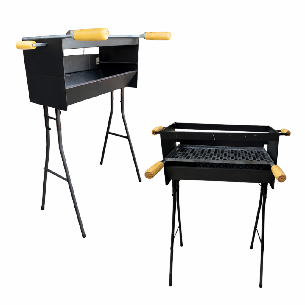 Churrasqueira Espeteira Média 50x24 cm Com Grelha e Cabos de Madeira Tradicional Com Pés Removíveis Espetinho Churrasco