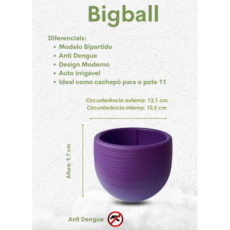 Vaso Bigball para bambu da sorte auto irrigável e anti dengue