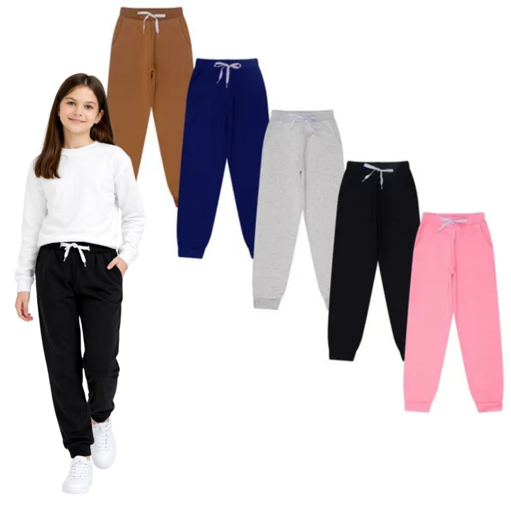 Calça Moletom Menina Infantil Juvenil Flanelada Peluciada Casual Escola Roupa Com Bolso