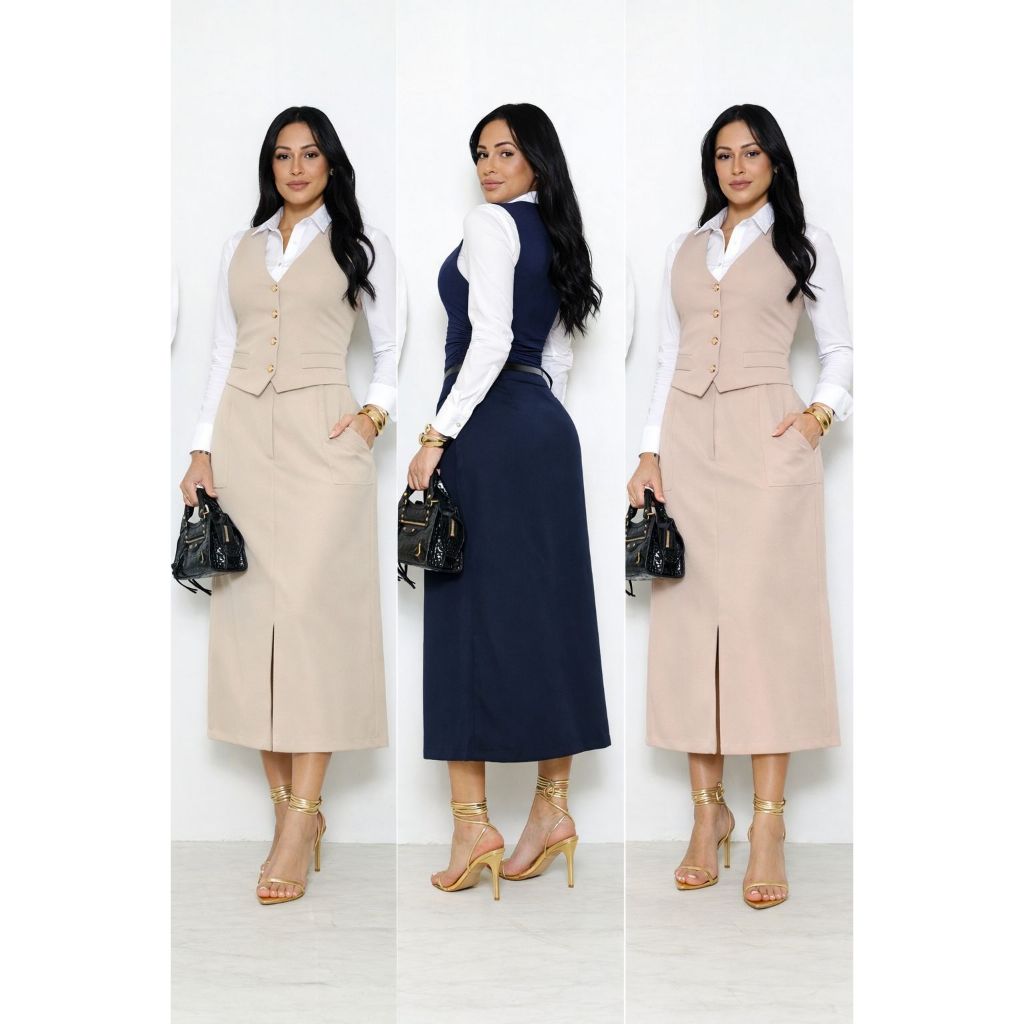 ✨ Saia Midi Alfaiataria com Cinto e Fenda | Bolso Frontal | Moda Evangélica Festa Elegante ✨ em Oferta na Shopee