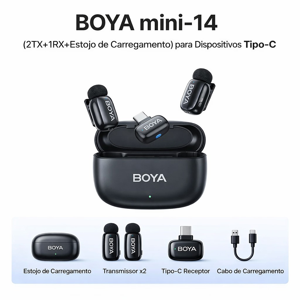 Microfone Sem Fio Boya Boya Mini-14 Usb C Lapela Preto