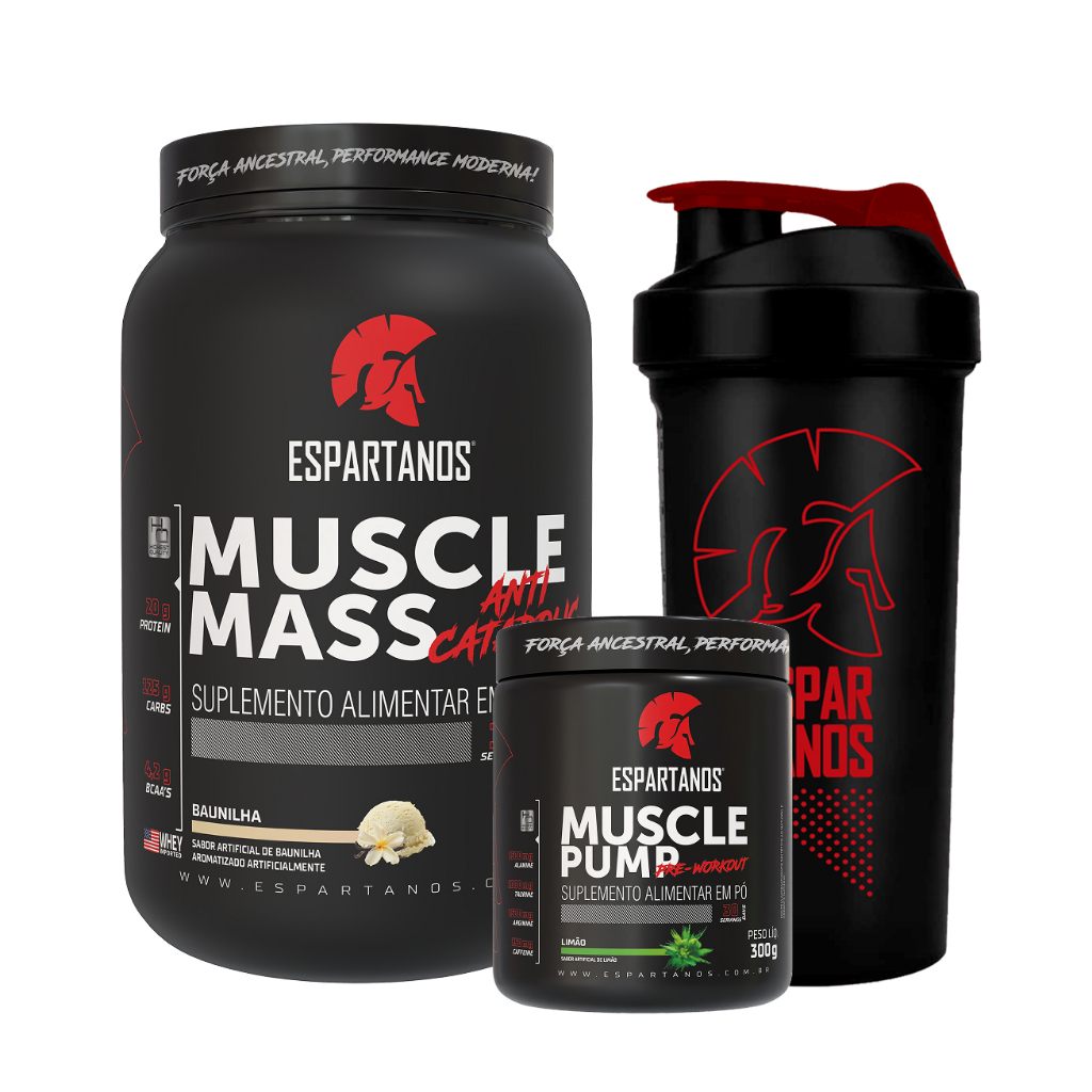 Kit Massa Hipercalórico MUSCLE MASS + Pré Treino Muscle Pump + Shaker em Oferta na Shopee