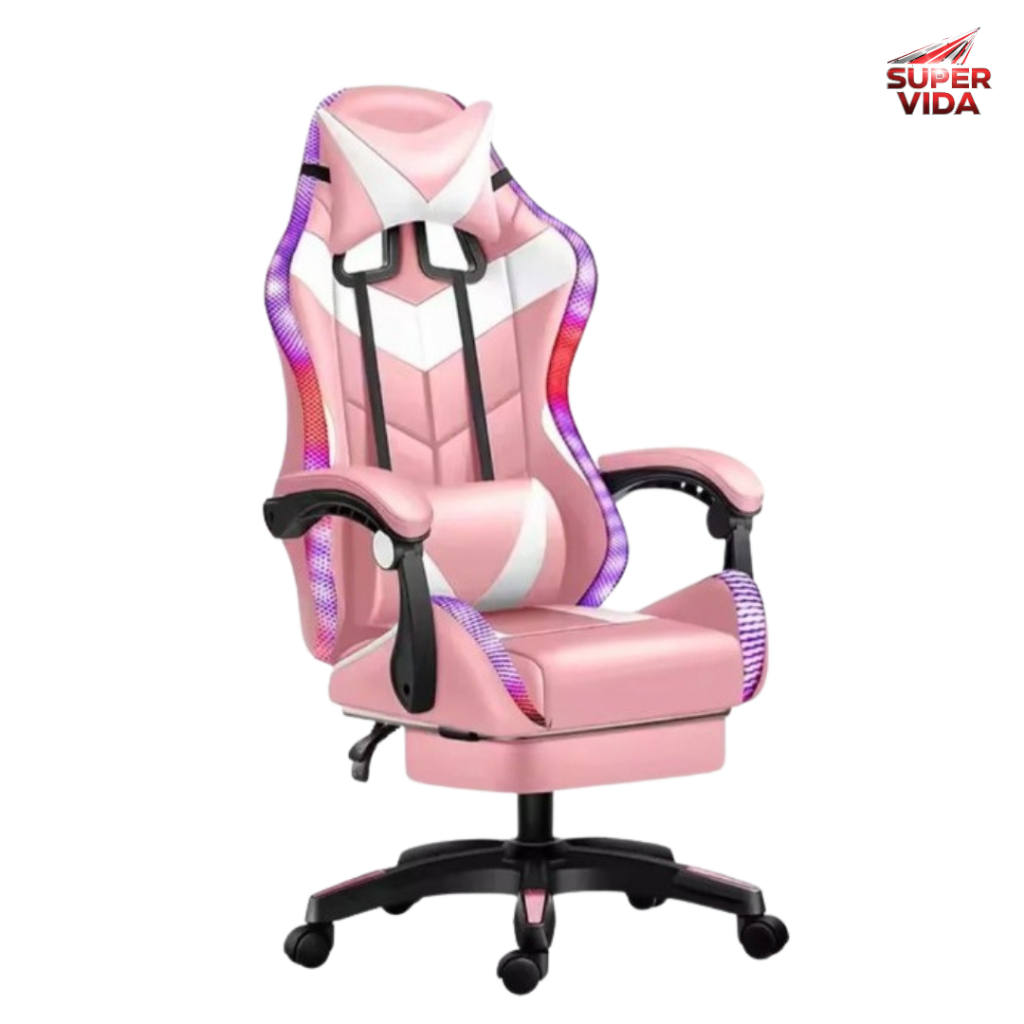 Imagem Cadeira Gamer Rgb Rosa/Vermelho Ergonômica Com Reclinação E Altura Ajustável Para Escritório E Casa