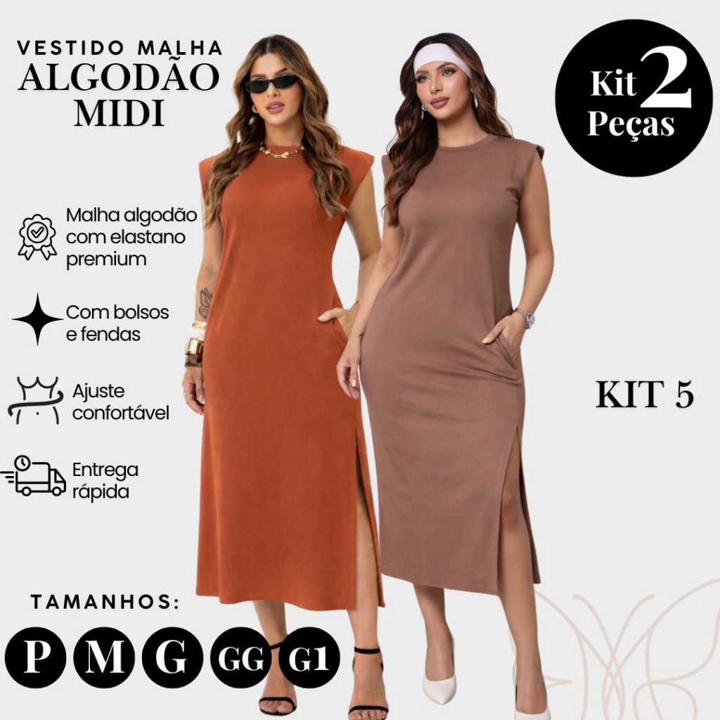 Kit com 2 Vestidos Midi Feminino Algodão Premium com Elastano Manga Muscle Tee