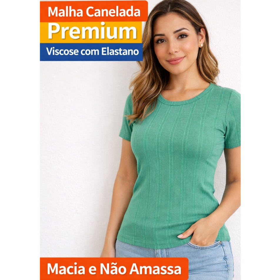 Blusa Feminina Canelada Viscose com Elastano Manga Curta Básica Confortável
