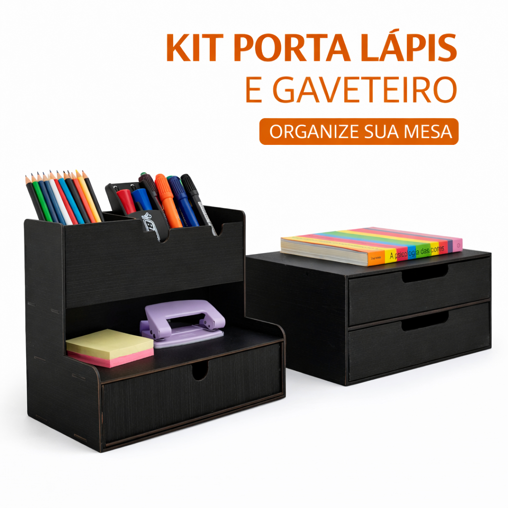 Kit Gaveteiro Organizador MDF Preto Cosméticos Escrivaninha Decor Mesa Trabalho Folha Sulfite A4 em Oferta na Shopee