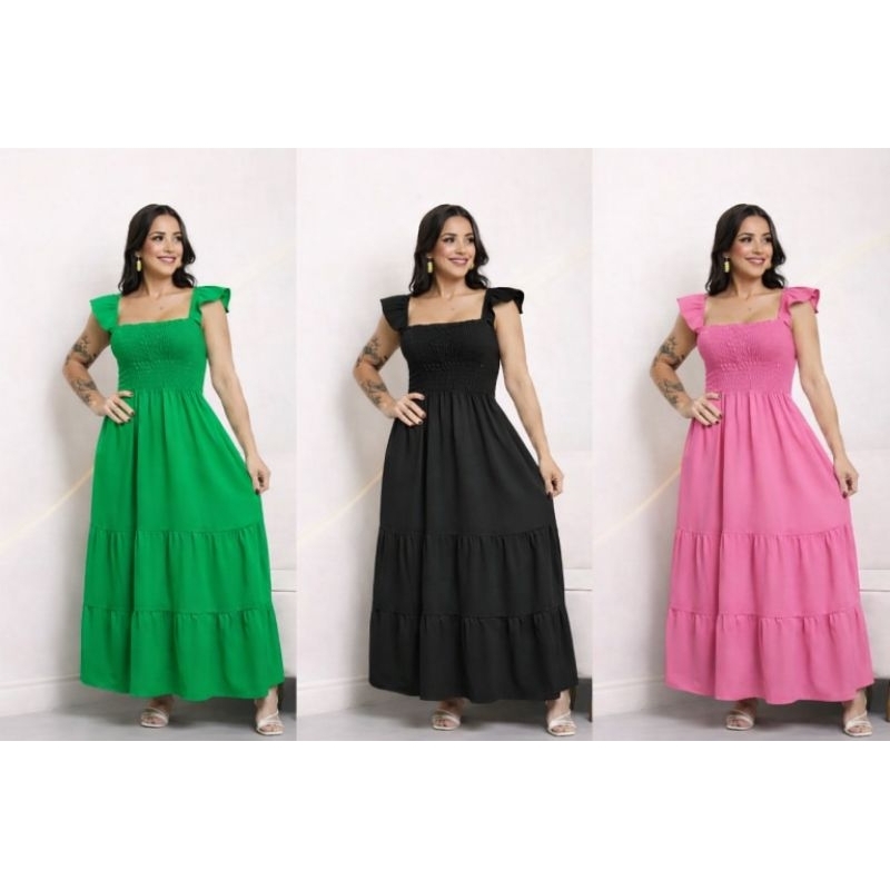 Vestido Longo Alça Babado em Oferta na Shopee