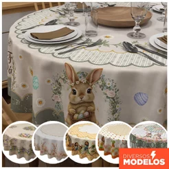 Toalha de Mesa Redonda Decoração Páscoa 1,40x1,40m – Mesa Posta 4 Lugares